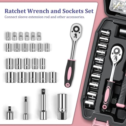 Sundpey Home Tool Kit 281-PCs - General Basic Home Auto Repair Tool Kits - Complete Portable Hand Tool Sets for Women - Tool Box Set with Socket Wrench Set & Screwdriver Sets & Hex Key & Pliers - color: Pink