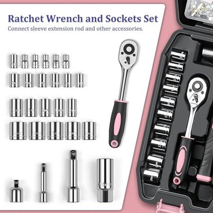 Sundpey Home Tool Kit 281-PCs - General Basic Home Auto Repair Tool Kits - Complete Portable Hand Tool Sets for Women - Tool Box Set with Socket Wrench Set & Screwdriver Sets & Hex Key & Pliers - color: Pink