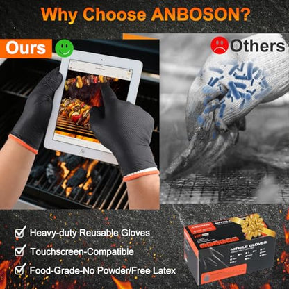 ANBOSON BBQ Gloves Disposable-Heat Resistant Cooking & Grilling Gloves Set (100 Black Nitrile, 4 Cotton Liners)-10Mil Heavy Duty Meat Handling Smoker Accessories for Hot Food Prep,Non-Slip Grip,Large - size: Large, style: 10mil Nitrile