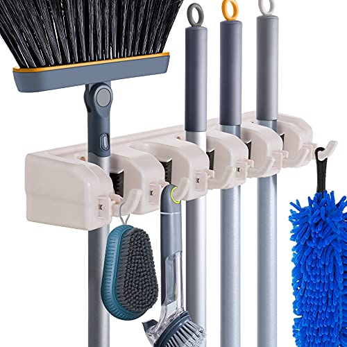 HYRIXDIRECT Broom Hanger Wall Mount Broom and Mop Organizer Wall Hanging Garden Tool Organizers Rack Garage Laundry Room Organizations and Storage with Hooks Heavy Duty - color: Beige