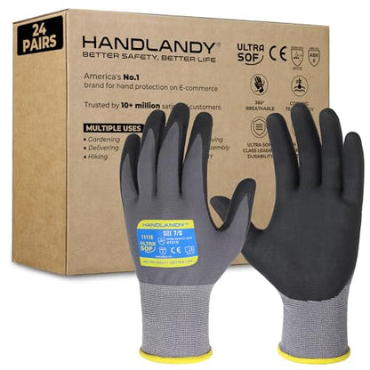 HANDLANDY 6 Pairs Safety Work Gloves with MicroFoam Nitrile Coated - Breathable Nylon Gloves with Grip for Men & Women - size: 7/Small, style: 24 Pairs - Gray
