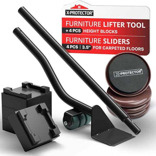 X-Protector Furniture Sliders for Carpet & Furniture Lifter Tool Set - 4 PCS 3 1/2" Sliders for Furniture with Foldable Furniture Jack. Move Your Furniture Easily with Furniture Movers for Carpets! - size: Lifter + 4 PCS 3.5", For Carpet
