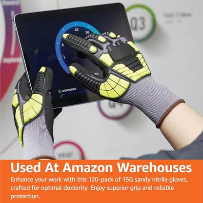 Amazon Basics Safety Work Gloves, Cut Level A1, Abrasion ANSI Level A4, Impact Protection, Touch Screen Friendly, 15G Sandy Nitrile Palm, Abrasion Resistant, Yellow, Size Large, Pack of 120 Pairs - size: Large
