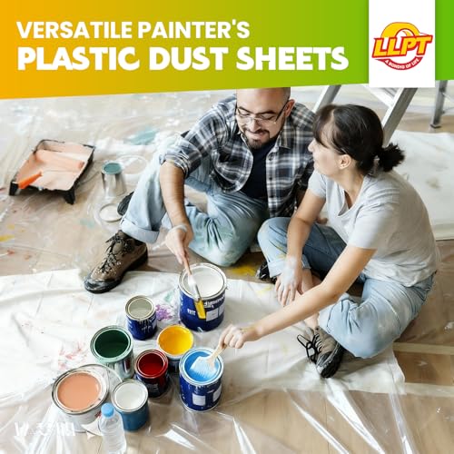 LLPT Tape and Drape 35.4”(Unfolded) x 66 Ft Each 2 Pack Pre-Taped Masking Film 0.31 Mil Painters Plastic Drop Cloth for Auto Wall Furniture Painting Protection (MFTG920) - size: 35.4 Inch x 66 Ft