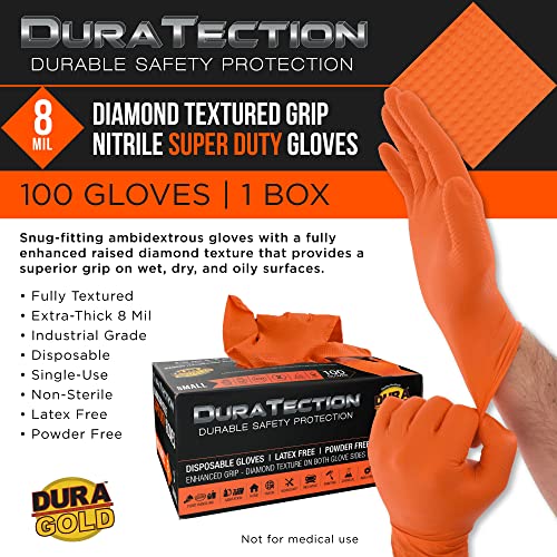 Dura-Gold Duratection 8 Mil Orange Super Duty Diamond Textured Nitrile Disposable Gloves - size: Medium