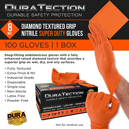 Dura-Gold Duratection 8 Mil Orange Super Duty Diamond Textured Nitrile Disposable Gloves - size: Small