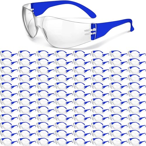 Yunsailing 100 Pack Bulk Safety Glasses Eye Protection Goggles Protective Eyewear for Lab Construction Site Workshop Group - color: Clear Lens and Blue Frames