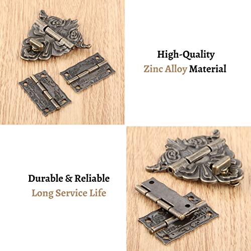 Yetaha 2Pcs Antique Hinge & 1 Pc Retro Style Padlock Lock Key, Latch Clasp Set Box Lock with 12 Screws for Decorative Jewelry Box Cabinets Doors Furniture Cases