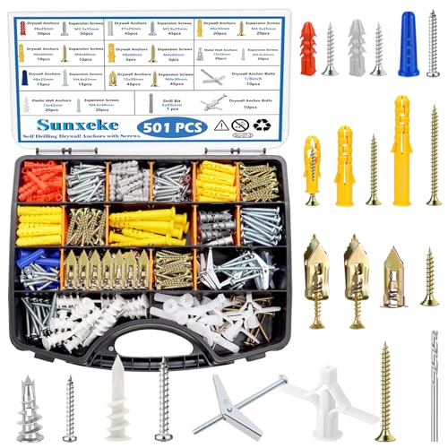 501PCS Drywall Anchors and Toggle Bolts with Screws Kit, 250PCS Dry Wall Anchors and 250PCS Expansion Screws (2025 Upgraded),11 Sizes Sheetrock Anchors Screws Kit for Wall Art Decor - size: KIT-500PCS