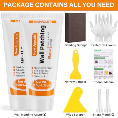 MAPVOLUT Drywall Repair Kit, 2 Pack Wall Mending Agent with 2 Scraper, Proective Gloves, Quick and Easy Solution to Fill The Holes and Crack for Home Wall, Plaster Wall Dent Repair
