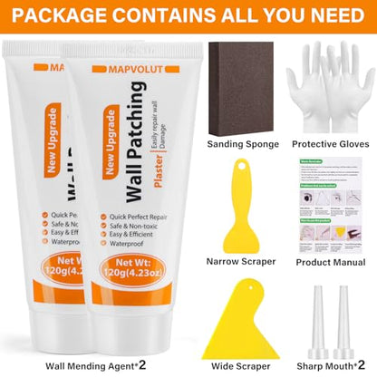 MAPVOLUT Drywall Repair Kit, 2 Pack Wall Mending Agent with 2 Scraper, Proective Gloves, Quick and Easy Solution to Fill The Holes and Crack for Home Wall, Plaster Wall Dent Repair