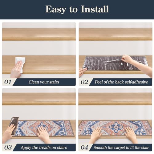 Lahome Non Slip Peel and Stick Stair Treads 15 Pack 8" X 30" Carpet Treads for Wood Stairs, Washable Self Adhesive Mat Edging Staircase for Tenant Defend The Steps from Scratches Dorie,Blue-Tan - color: Blue/Tan