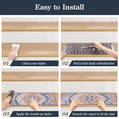 Lahome Non Slip Peel and Stick Stair Treads 15 Pack 8" X 30" Carpet Treads for Wood Stairs, Washable Self Adhesive Mat Edging Staircase for Tenant Defend The Steps from Scratches Dorie,Blue-Tan - color: Blue/Tan