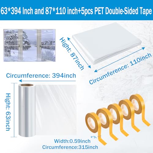 Window Insulation Kit, 63 × 394 Inch and 87 x 110 inch Plastic Window Covering for Winter, Window Insulation Film Window Wrap Insulation Windows Winterizing Kit with Double-Sided Tape - size: 63 × 394 Inch and 87 x 110 inch