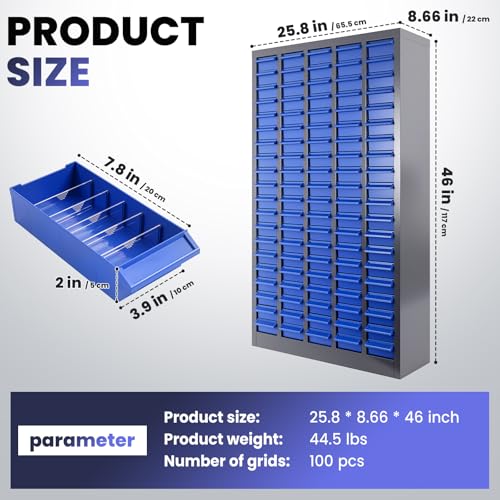 100 Drawer Nut and Bolt Organizer Cabinet, Small Parts Storage Cabinet Bolt Bin with Dividers & Labels, 26"X 9"X 46" Steel Frame Tool Organizer Parts Cabinet for Garage Hardware & Screw Storage - size: 100-Drawer