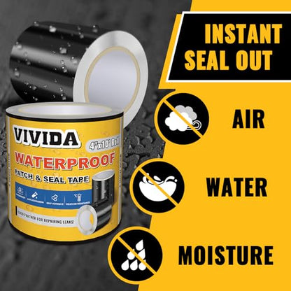 VIVIDA Waterproof Patch and Seal Tape, 4" × 10' Waterproof Tape for Outdoor Use, Underwater Leaks Repair for Pool, Plumbing, Black, 1 Roll - size: 4 Inch × 10 Feet