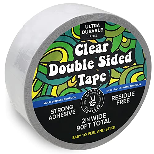 HIPPIE CRAFTER Clear Double Sided Tape, 2 Inch Wide Heavy-Duty Adhesive, Removable Mounting Tape for Posters, Carpets, Wall-Safe Use, Crafts, 90 Feet Long - size: 2 Inch Wide - 1 Pack