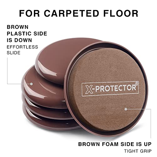 Furniture Sliders X-PROTECTOR - 8+8 Pack 3 1/2” - Brown Multi-Surface Furniture Sliders for Carpet & Hard Floors - 8 Furniture Movers for Carpeted Floors and 8 Hardwood Socks - Move Furniture Easily! - size: 8+8 Pack 3 1/2 in (Brown)
