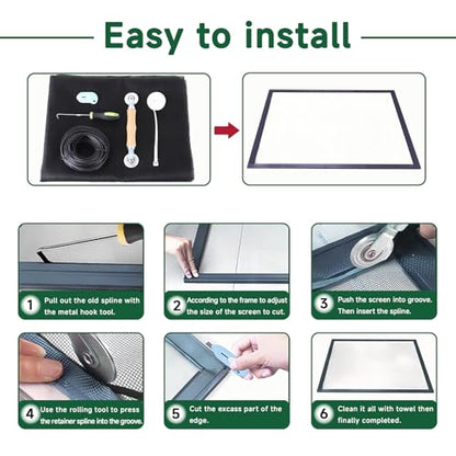 Windows Screen Replacement Kit and Screen Door Repair Kit 48"x118" Durable Fiberglass Mesh Roll with Spline/Roller/Hook/Cutter & Ruler, Sliding Screen Door Replacement for Window & Patio Doors