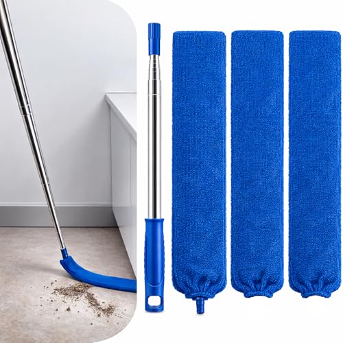 Retractable Gap Dust Cleaner with Extension Pole 30'' to 100'', Cleaning Tools with 3 Microfiber Dusting Cloths, Extendable Long Handle Duster for Cleaning Under Refrigerator Furniture Appliance Blue - color: Blue