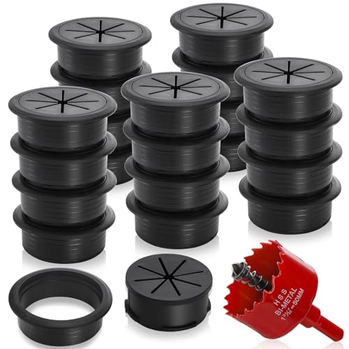 Covzoe 20 Pack Desk Grommets, 2 Inch(50mm) Desk Cable Hole Cover with Built-in Hole Saw, Wire Cord Cable Grommet for Home Office, Black