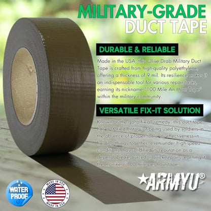 ARMYU Olive Drab Military Duct Tape AKA 100 Mile an Hour Tape, 9 mil Thick, 2" x 60 Yards US Made