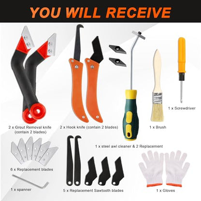 23 Pack Grout Removal Tool Kit, 2 Tile Grout Saws with 6 Extra Blades, 2 Hand Grout Saw with 5 Cleaning Sawtooth Blades, Hook Knife, for Bath Shower Floor Tile Grout Cleaning Caulk Remover