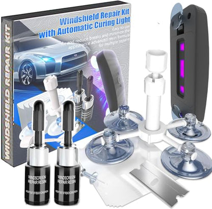 Windshield Repair Kit, 2 PCS Windshield Crack Repair Kit with Suction Cup Curing Light, Automotive Nano Fluid Vehicle Windscreen Tool, Glass Repair Kit for Chips and Cracks (Navy)