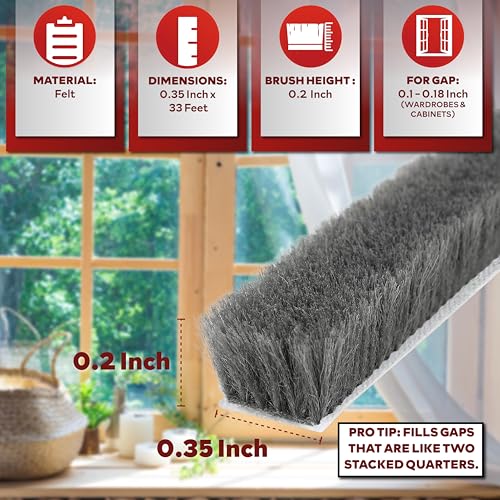 XFasten Self Adhesive Weather Stripping for Windows and Doors, 0.35" x 33 Ft Soundproofing Door Brush Seal Draft Stopper, Gray Insulation Seal Strip for Summer Heat, Winter Draft Blocker, 0.2" Thick - size: 0.2" Thick (0.35-Inch x 33 Feet)