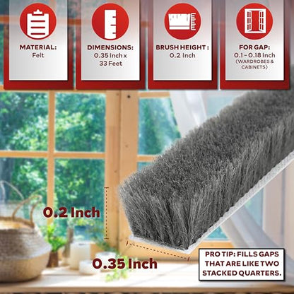 XFasten Self Adhesive Weather Stripping for Windows and Doors, 0.35" x 33 Ft Soundproofing Door Brush Seal Draft Stopper, Gray Insulation Seal Strip for Summer Heat, Winter Draft Blocker, 0.2" Thick - size: 0.2" Thick (0.35-Inch x 33 Feet)