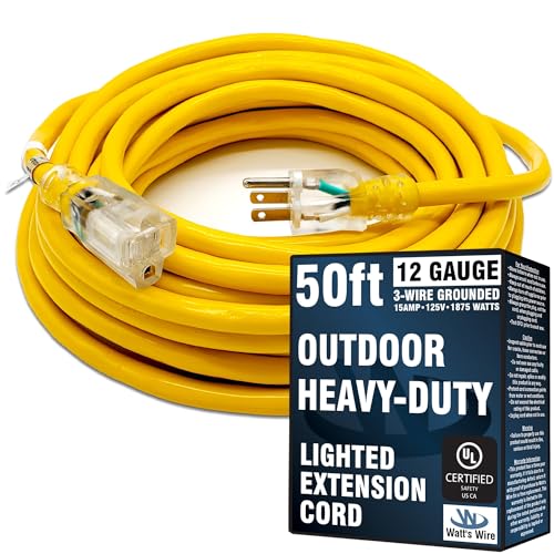 50 ft Outdoor Extension Cord Waterproof - 12 Gauge Heavy Duty Extension Cord 50 ft - Lighted Outdoor Extension Cords - Watts Wire - 50' Grounded - extensiones electricas - size: 50 Ft