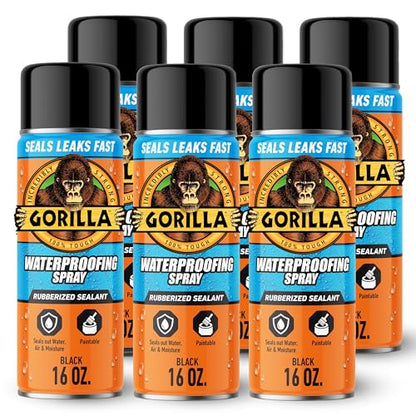 Gorilla Waterproof Patch & Seal Rubberized Sealant Spray, Black, 16 Ounce (Pack of 6) - Seals Out Water, Air, and Moisture - color: Black, size: 6 - Pack