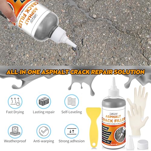 Asphalt Crack Filler Kit, 16.9 fl oz Self-Leveling Blacktop Driveway Sealant, Crack Filler for Asphalt Concrete Joint, Sidewalk, Pavement and Parking Lot, with Gloves and Scraper