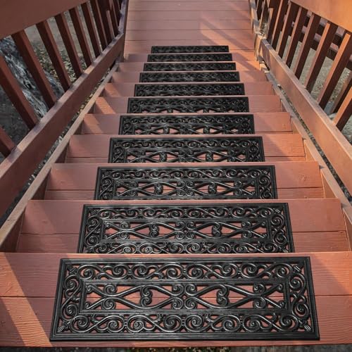 Ottomanson Outdoor Rubber Stair Treads – Scroll Latice Heavy-Duty Non-Slip Stair Mats – Best Grip on Concrete, Brick & Textured Step – Fastening Recommended for Wooden & RV Steps, Pack of 5 - color: Black Scroll Lattice