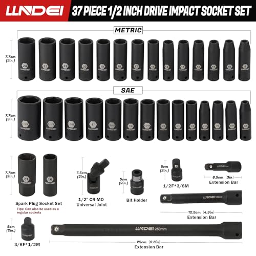 LLNDEI 1/2 inch Drive Deep Impact Socket Set, 37 Piece Standard SAE 3/8" to 1-1/4" | Metric 8 to 24mm, Includes Spark Plug Socket (16, 21mm), CR-MO Universal Joint, Extension Bars and Adapter - size: 37-piece 1/2" Drive Socket Set Sae & Metric
