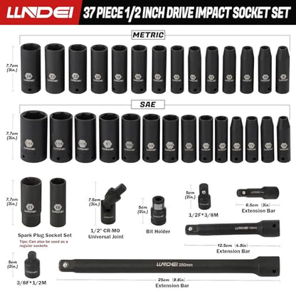LLNDEI 1/2 inch Drive Deep Impact Socket Set, 37 Piece Standard SAE 3/8" to 1-1/4" | Metric 8 to 24mm, Includes Spark Plug Socket (16, 21mm), CR-MO Universal Joint, Extension Bars and Adapter - size: 37-piece 1/2" Drive Socket Set Sae & Metric