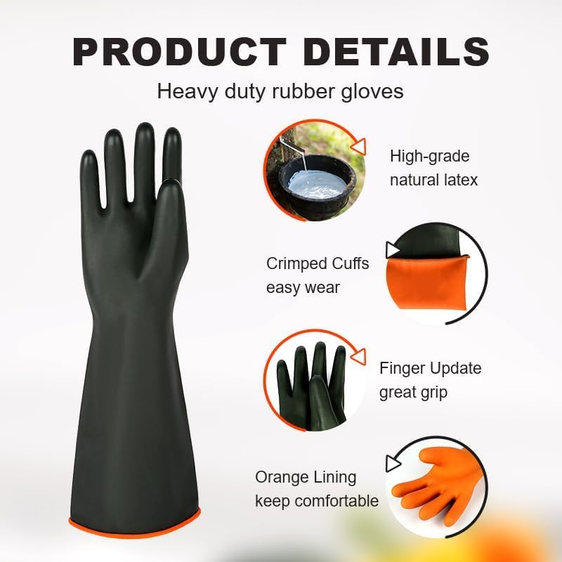 Heavy Latex Chemical Resistant Gloves - Reusable Long Rubber Dishwashing Gloves with Forearm Protection for Men - Waterproof, Industrial Safety Gear, Acid & Alkali Resistant, Oil-Proof，22“,2 Pair - size: 22”（2 Pair）