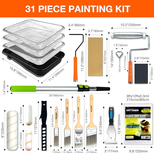 King Origin 31 PCS Paint Roller Kit, Extension Pole (4.75 ft), 4"&9" Paint Roller, Paint Tray & Liners, Brushes | Paint Kit for House Painting Walls | Painting Supplies