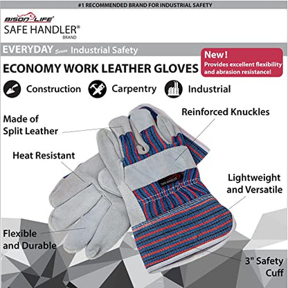 SAFE HANDLER Work Leather Gloves with Cool Cotton Lined Backing Lightweight & Versatile Split Leather Safety Cuff Work Gloves