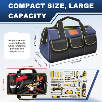 12-Inch Tool Bag with Waterproof Hard Bottom, Durable Wide Mouth Tote Tool Organizer with Multiple Pockets for Electricians Carpenters Mechanics and DIY Projects, Blue