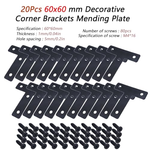 20pcs T Flat Shape Braces Corner Bracket, 60x60 mm Decorative Corner Brackets Mending Plate, Stainless Steel T-Shaped Bracket for Wood Furniture Fixing - size: T Black 60x60 mm