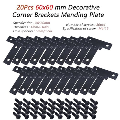 20pcs T Flat Shape Braces Corner Bracket, 60x60 mm Decorative Corner Brackets Mending Plate, Stainless Steel T-Shaped Bracket for Wood Furniture Fixing - size: T Black 60x60 mm