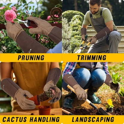 HANDLANDY Long Gardening Gloves for Men & Women, Cowhide Leather Rose Pruning Gloves- Breathable & Durable Gauntlet Glove (Medium, Brown) - color: Brown, size: Medium (Pack of 1)