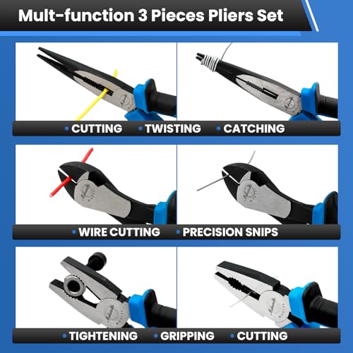 3 Pieces Plier Set, 8" Needle Nose Pliers, 8" Linesman Pliers and 7" Diagonal Cutting Pliers, Premium High Carbon Construction for Cutting, Plumbing, and General Applications Multi-use Tools - size: 3 Pcs