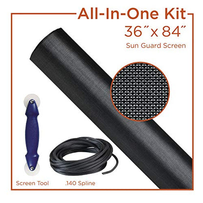 Saint-Gobain ADFORS Charcoal Sun Guard Screen Repair Kit, 36 Inches x 84 Inches - Blocks up to 75% of the Sun’s Rays, DIY Window & Door Mesh Repair, Durable, Comes with Spline Tool & Spline