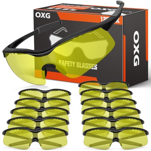 OXG 12 Pack Safety Glasses, ANSI Z87.1 Impact Resistant Anti-Scratch Safety Goggles for Men Women Youth - color: Yellow