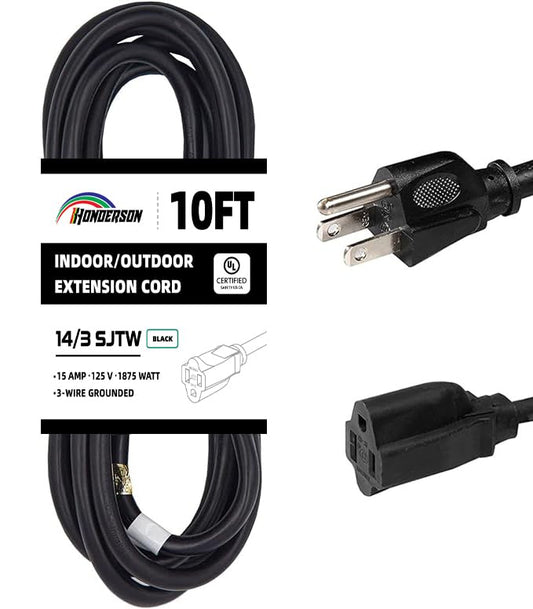 Indoor Outdoor Extension Cord Weatherproof, UL Certified, 14 Gauge 10FT Black 3 Prong Heavy Duty, 14/3 SJTW 15A Power Cord for Outdoor Lights, Appliances, Lawn - color: Black, size: 10FT, style: 14/3