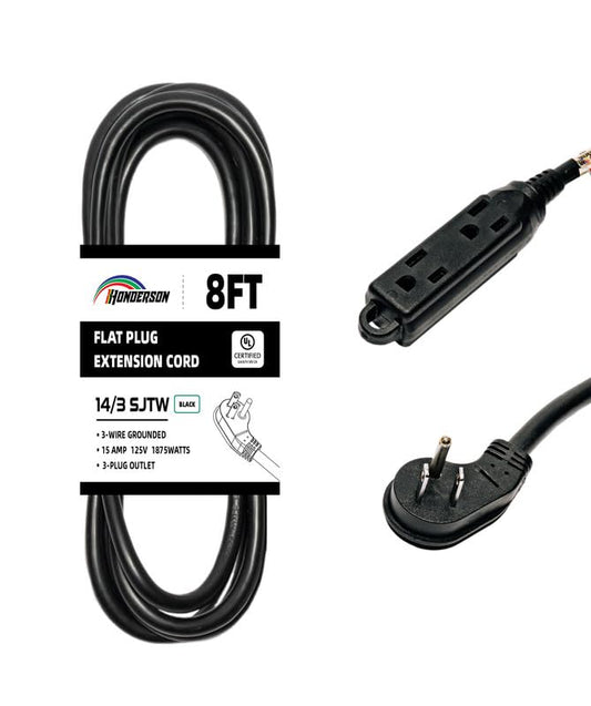 3-Outlets Flat Plug Indoor Extension Cord Outlet Extender, UL Certified, 14 Gauge 8FT Black 3 Prong Heavy Duty, 14/3 SJTW 15A Power Strip - color: Black, size: 8FT, style: 14/3