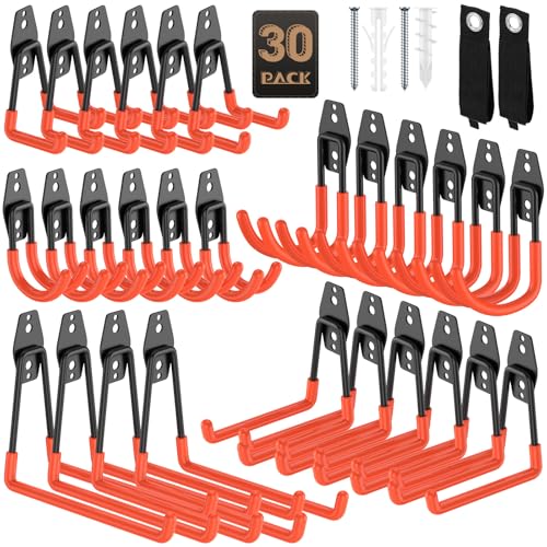 30 Pack Garage Hooks, Heavy Duty Steel Wall Mount Utility Hangers with Anti-Slip Coating for Hanging Bikes, Ladders, Power Tools, and Garden Equipment - color: 30 Pack Orange