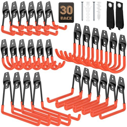 30 Pack Garage Hooks, Heavy Duty Steel Wall Mount Utility Hangers with Anti-Slip Coating for Hanging Bikes, Ladders, Power Tools, and Garden Equipment - color: 30 Pack Orange